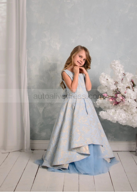 Sky Blue Jacquard Tulle Cutout Back Flower Girl Dress